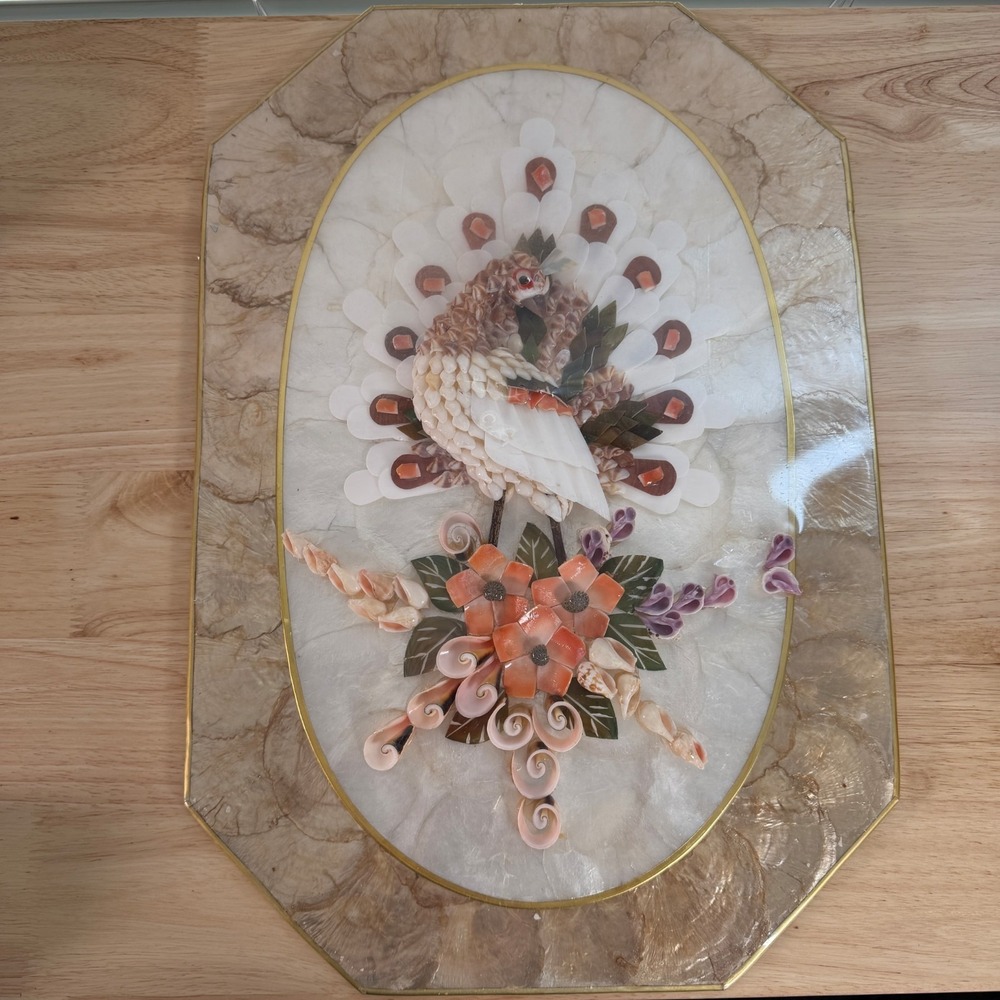 Vintage Mother of Pearl Seashell Mosaic Art Floral Peafowl Classic Wall Plaque